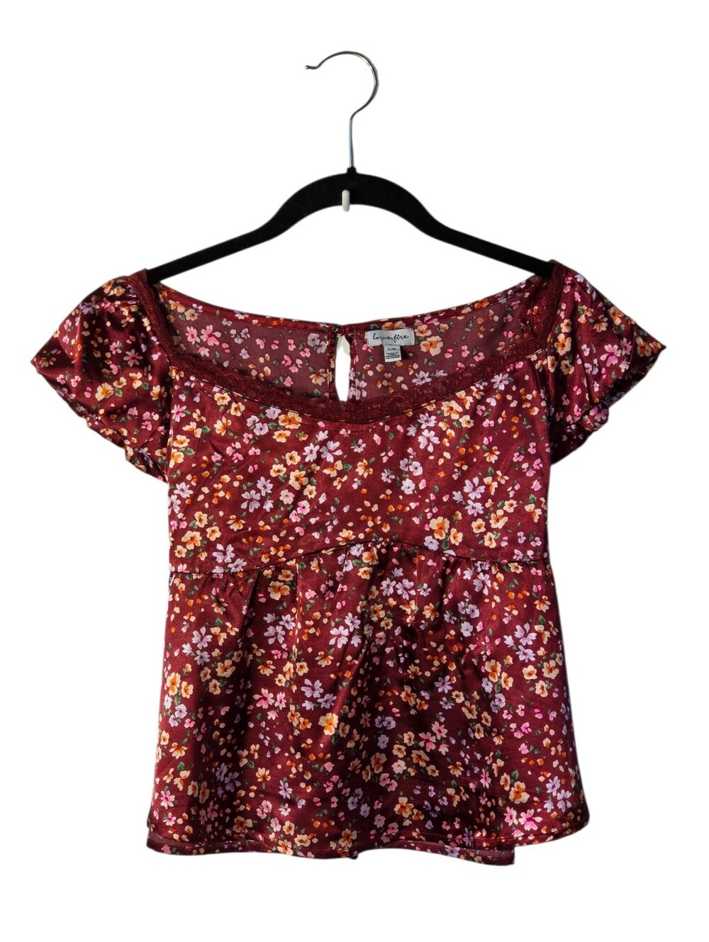 Love Fire Girls L 12 Burgundy Garden Floral Satin Babydoll Lace Trim Top NWT